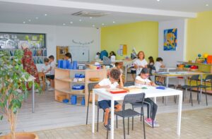 Students in an International school in Morocco learning with Montessori materials.